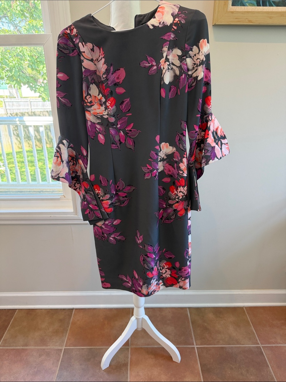 Black Halo Charcoal Midi Dress with Pink and White Floral Print